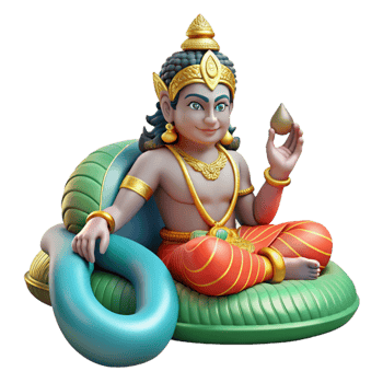 vibrant contemporary A powerful Vishnu, the preserver god, reclining on the cosmic serpent Shesha, intricate Hindu art style high resolution png