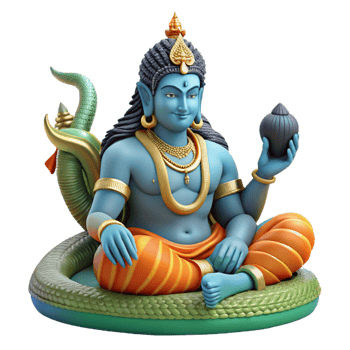 beautiful traditional A powerful Vishnu, the preserver god, reclining on the cosmic serpent Shesha, intricate Hindu art style professional png