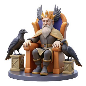 elegant classic A wise Odin, the Allfather, seated on his throne Hlidskjalf, accompanied by ravens Huginn and Muninn, Norse mythology style high quality png