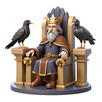 serene minimalist A wise Odin, the Allfather, seated on his throne Hlidskjalf, accompanied by ravens Huginn and Muninn, Norse mythology style high quality png