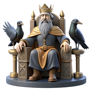 elegant traditional A wise Odin, the Allfather, seated on his throne Hlidskjalf, accompanied by ravens Huginn and Muninn, Norse mythology style authentic png
