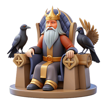 stunning contemporary A wise Odin, the Allfather, seated on his throne Hlidskjalf, accompanied by ravens Huginn and Muninn, Norse mythology style exclusive png