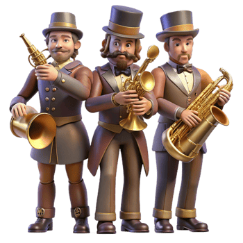 stunning artistic A group of steampunk musicians playing brass instruments, dressed in elaborate Victorian attire, warm stage lighting, concert photography style genuine png