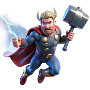 serene contemporary A powerful Thor summoning lightning with Mjolnir, dynamic comic book style, vibrant colors high quality png