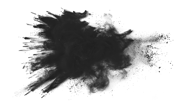 Dark gray black dust powder explosion transparent , isolated background. Dynamic blast eruption, monochrome color png