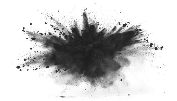 Dark gray black dust powder explosion transparent , isolated background. Dynamic blast eruption, monochrome effect png