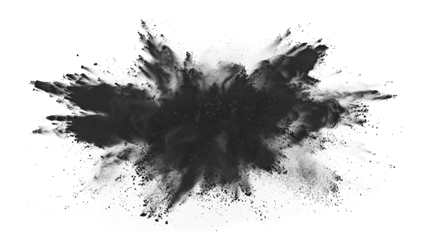 Dark gray black dust powder explosion transparent , isolated background. Dynamic blast eruption, effect png