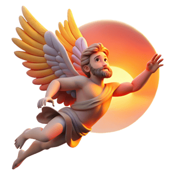 serene rustic A proud Icarus falling from the sky, vibrant sunset backdrop cropped for professional png
