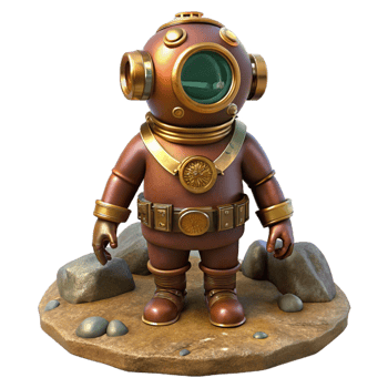 magnificent artistic A steampunk diving suit, with brass helmet and riveted leather, standing on a rocky seabed, underwater lighting, realistic style professional png