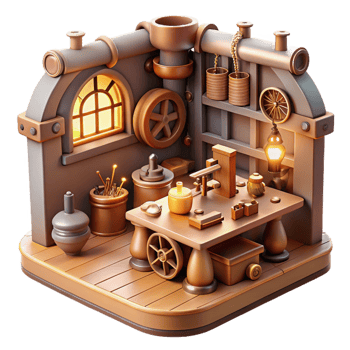 wonderful vintage A steampunk workshop, cluttered with tools, gears, and half-finished inventions, warm, natural lighting, realistic style premium png