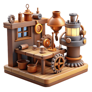 beautiful traditional A steampunk workshop, cluttered with tools, gears, and half-finished inventions, warm, natural lighting, realistic style original png