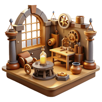 wonderful abstract A steampunk workshop, cluttered with tools, gears, and half-finished inventions, warm, natural lighting, realistic style 4K png