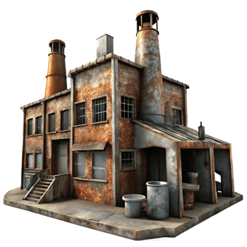 serene abstract A decaying industrial factory, rusted metal, broken windows, overcast sky, gritty realism, dystopian setting original png