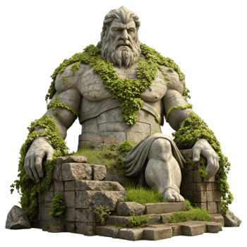 vibrant artistic A colossal statue of a forgotten god, crumbling stone, overgrown with vines, dramatic lighting, ancient civilization style original png