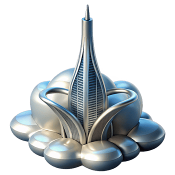impressive minimalist A futuristic skyscraper piercing the clouds, sleek metallic design, bright sunlight, aerial perspective high quality png