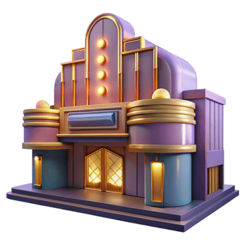 dramatic minimalist An art deco cinema, geometric facade, neon marquee, vintage glamour, nighttime setting authentic png