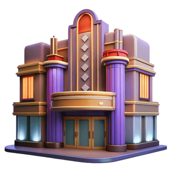 serene artistic An art deco cinema, geometric facade, neon marquee, vintage glamour, nighttime setting exclusive png