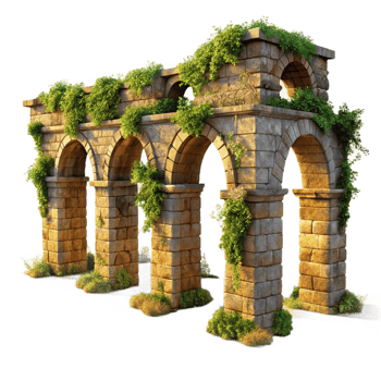 magnificent minimalist A crumbling Roman aqueduct, weathered stone, overgrown with vegetation, golden hour light, historical setting premium png