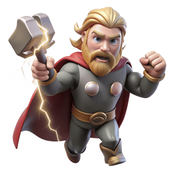 beautiful minimalist Thor, the Norse god of thunder, wielding Mjolnir amidst a raging thunderstorm, illuminated by lightning strikes. Comic book style original png