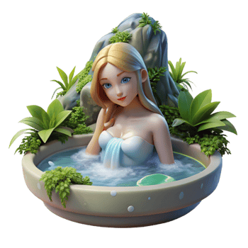 elegant modern A beautiful nymph bathing in a crystal-clear waterfall, surrounded by lush foliage, illuminated by soft, diffused light. Pre-Raphaelite style detailed png