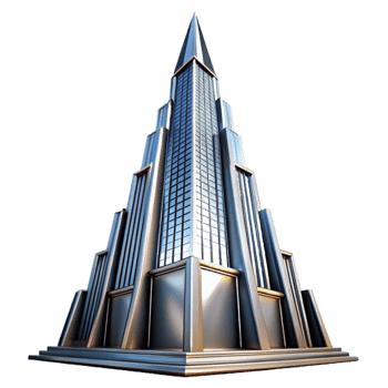 serene creative Art Deco skyscraper, chrome and glass, sharp lines, volumetric lighting, high contrast, low angle view genuine png