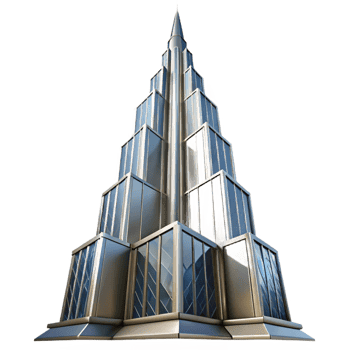 serene minimalist Art Deco skyscraper, chrome and glass, sharp lines, volumetric lighting, high contrast, low angle view premium png