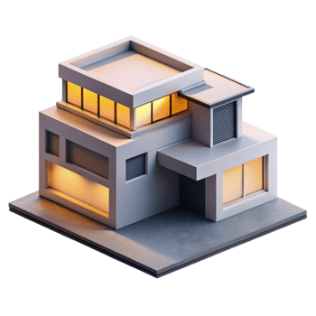 serene artistic Bauhaus style house, white and grey concrete, minimalist, harsh shadows, sunset lighting, isometric view detailed png