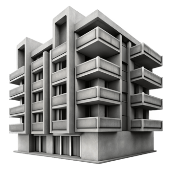 stunning rustic A Brutalist concrete apartment complex, monochrome, high contrast, dramatic lighting, close-up on the facade high quality png