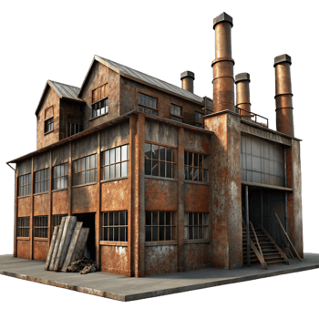 extraordinary minimalist An abandoned industrial factory, rusty metal and broken windows, dim lighting, gritty realism, wide angle lens professional png