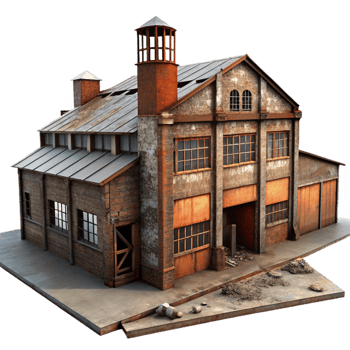 elegant creative An abandoned industrial factory, rusty metal and broken windows, dim lighting, gritty realism, wide angle lens high quality png