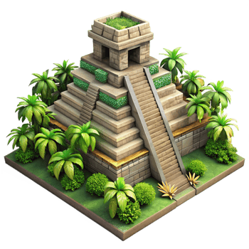 magnificent classic An ancient Mayan temple overgrown with jungle vegetation, dappled sunlight, realistic style, aerial perspective 4K png