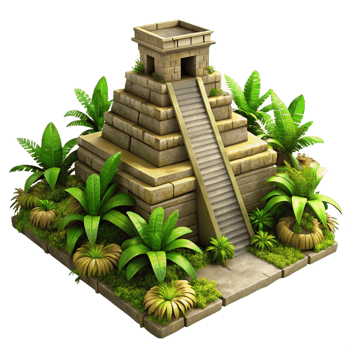 vibrant traditional An ancient Mayan temple overgrown with jungle vegetation, dappled sunlight, realistic style, aerial perspective high resolution png