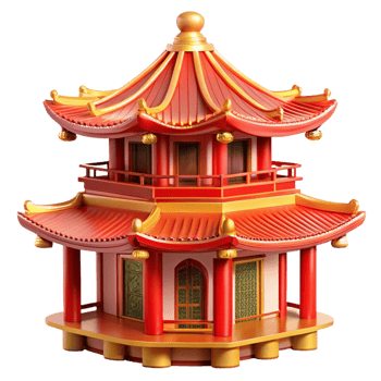 beautiful vintage A traditional Chinese pagoda with red and gold details, vibrant colors, ornate style, bright sunlight high resolution png