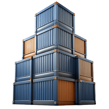 beautiful creative A skyscraper made of stacked shipping containers, industrial style, gritty realism, overcast lighting, low angle view high quality png