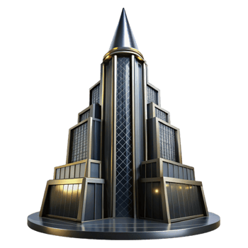magnificent rustic Art Deco skyscraper, chrome and black glass, sharp angles, volumetric lighting, rainy night high resolution png