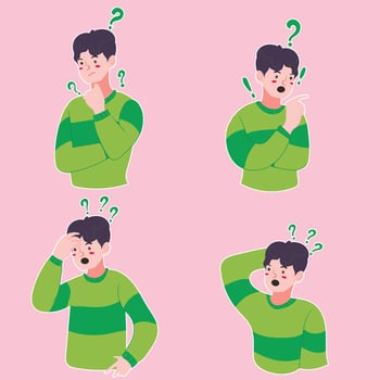 Cartoon-style people thinking illustration set with four cute poses, perfect for ideas, brainstorming, and creativity. vector