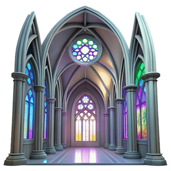 dramatic creative Gothic cathedral interior, stained glass windows casting colorful light, intricate stone carvings, high vaulted ceiling, ethereal atmosphere genuine png