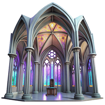 elegant classic Gothic cathedral interior, stained glass windows casting colorful light, intricate stone carvings, high vaulted ceiling, ethereal atmosphere premium png