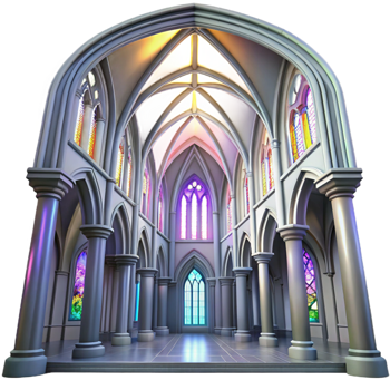 magnificent traditional Gothic cathedral interior, stained glass windows casting colorful light, intricate stone carvings, high vaulted ceiling, ethereal atmosphere exclusive png