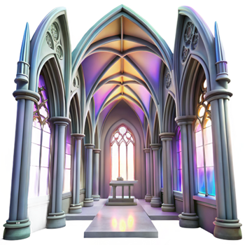 serene traditional Gothic cathedral interior, stained glass windows casting colorful light, intricate stone carvings, high vaulted ceiling, ethereal atmosphere original png