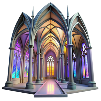 elegant abstract Gothic cathedral interior, stained glass windows casting colorful light, intricate stone carvings, high vaulted ceiling, ethereal atmosphere high quality png