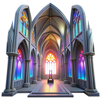 beautiful abstract Gothic cathedral interior, stained glass windows casting colorful light, intricate stone carvings, high vaulted ceiling, ethereal atmosphere original png