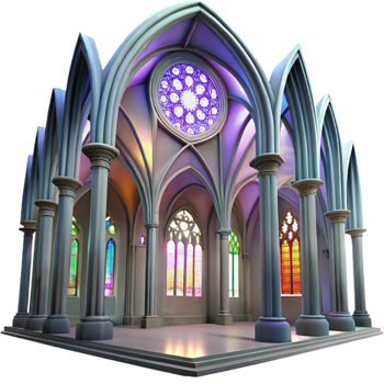 beautiful vintage Gothic cathedral interior, stained glass windows casting colorful light, intricate stone carvings, high vaulted ceiling, ethereal atmosphere professional png