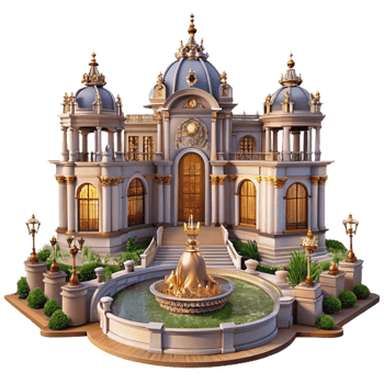 serene modern A Baroque palace with ornate gardens and fountains, golden hour lighting, opulent style, wide angle lens high quality png