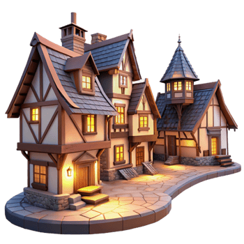 dramatic artistic A medieval village with half-timbered houses, cobblestone streets, warm lighting, quaint atmosphere detailed png
