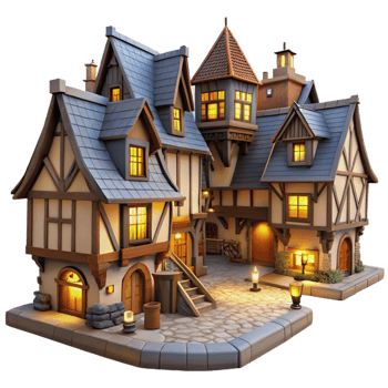 dramatic traditional A medieval village with half-timbered houses, cobblestone streets, warm lighting, quaint atmosphere 4K png