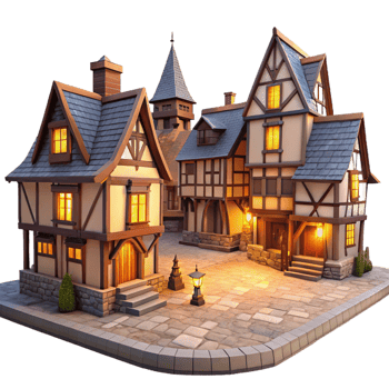impressive abstract A medieval village with half-timbered houses, cobblestone streets, warm lighting, quaint atmosphere 4K png