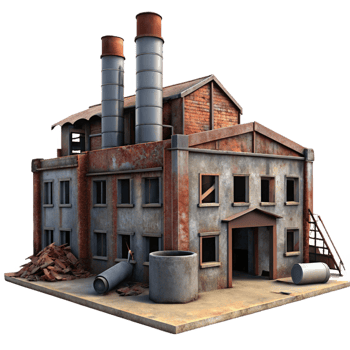 wonderful abstract Abandoned industrial factory, rusting metal, broken windows, decaying concrete, eerie atmosphere detailed png