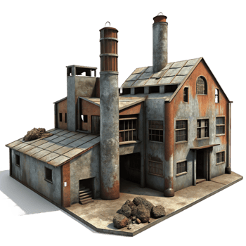 dramatic modern Abandoned industrial factory, rusting metal, broken windows, decaying concrete, eerie atmosphere detailed png