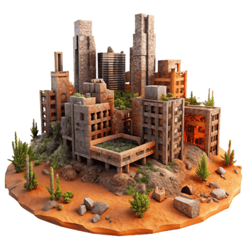 impressive contemporary Post-apocalyptic cityscape, ruined buildings, overgrown vegetation, orange-tinted sky, desolate atmosphere professional png